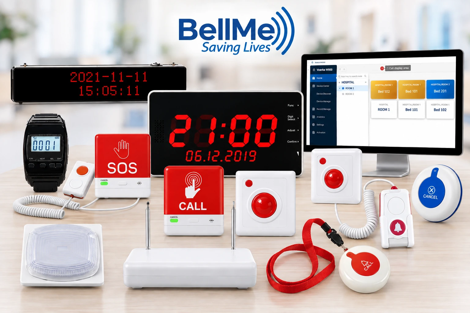 BellMe wireless calling products on a table: two LED display panels, a wristwatch receiver, waterproof call buttons, a pull-cord unit, a cancel button, an LED light and the W900 reporting software on a monitor