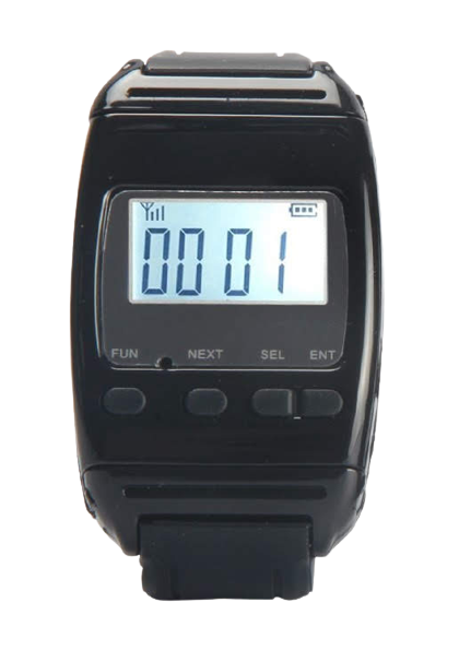 BellMe B-650 wireless wristwatch receiver showing the calling code on its display