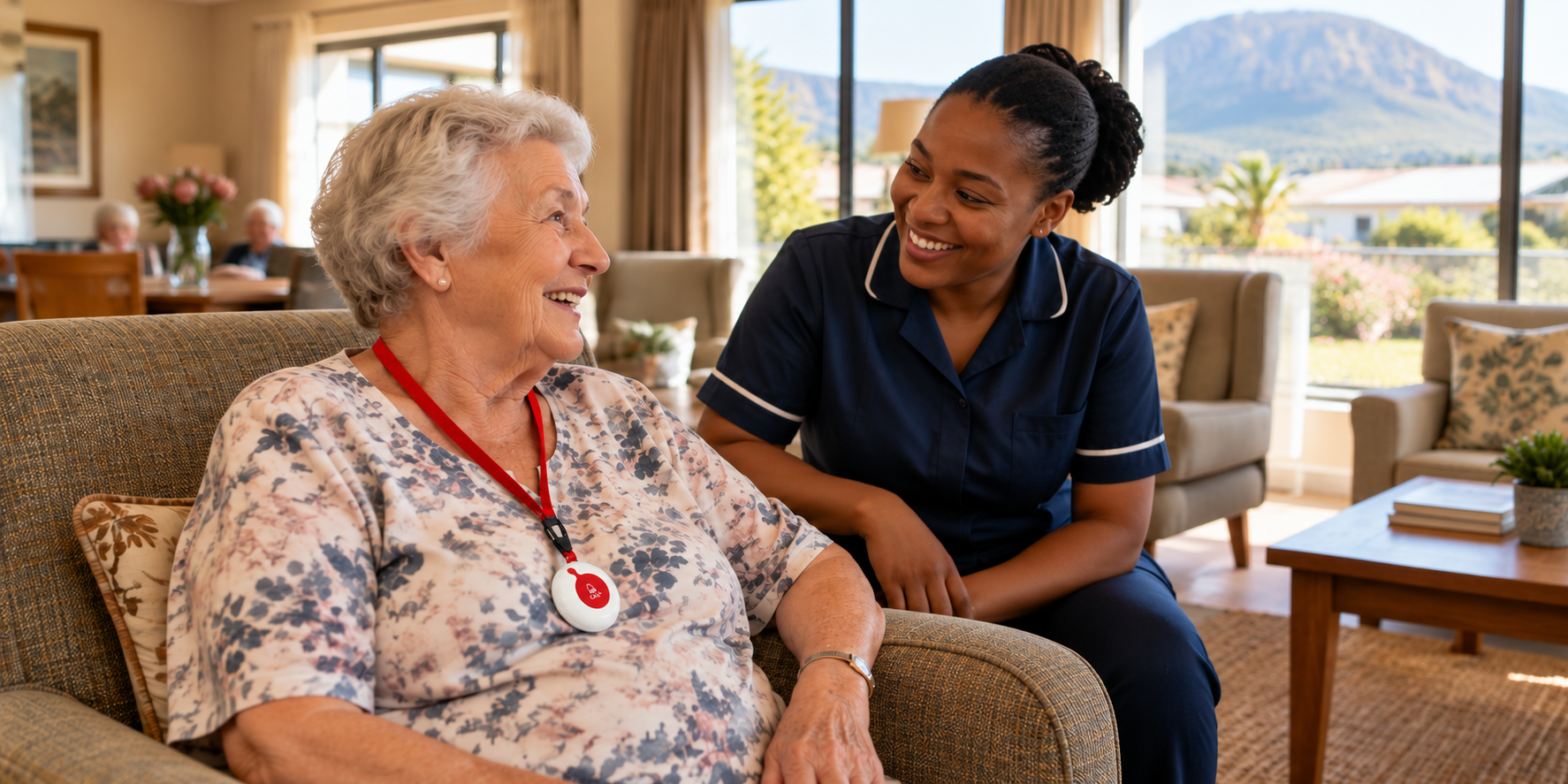 A resident wearing a wireless call button on a red lanyard chatting with a caregiver in a retirement home lounge